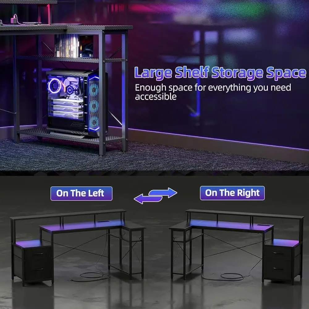 Computer Desk L Shaped With Drawers, 65” Gaming Desk With Power Outlets And Led Strips, Large L Shaped Corner Desk With Monitor