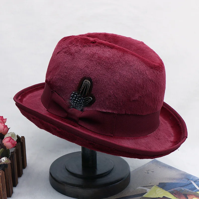 Hamburg Hat New Hat Women\'s Winter British Rabbit Hair Imitation Retro Versatile Mink Fur Top Hat Fashion Men and Women