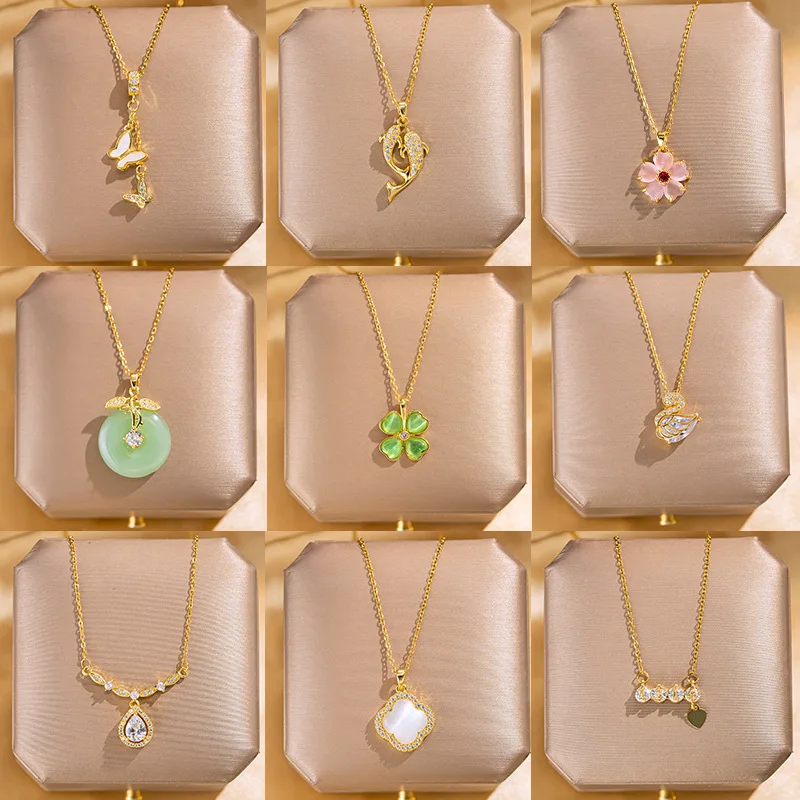 

Butterfly Flower Pendant Necklace for Women Full Zircon Titanium Steel Anti-tarnish Gold Color Fashion Jewelry Accessories