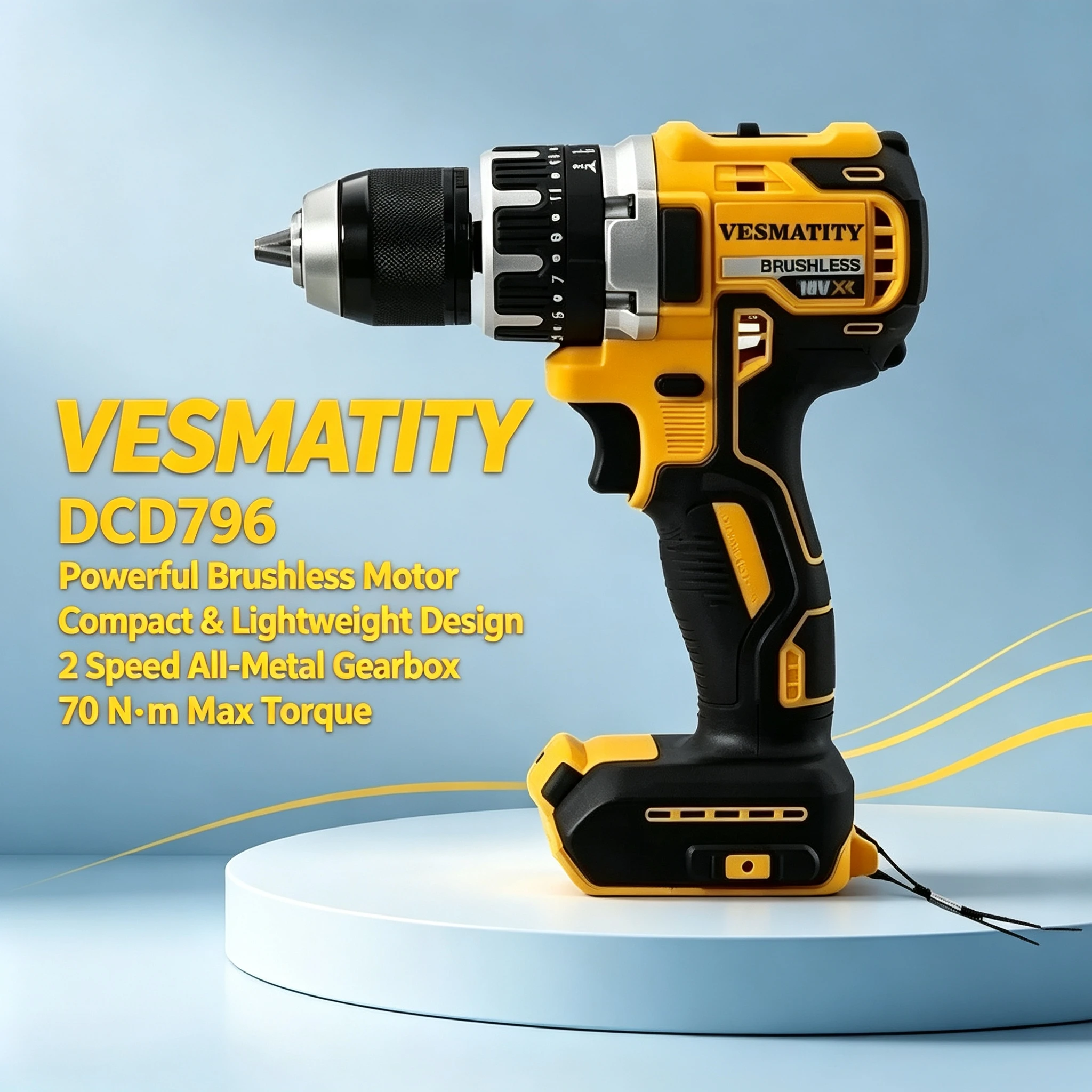 Vesmatity 70Nm DCD796 Brushless Impact Drill 0-2200RPM 34000BPM 14+1 Clutch 3/8