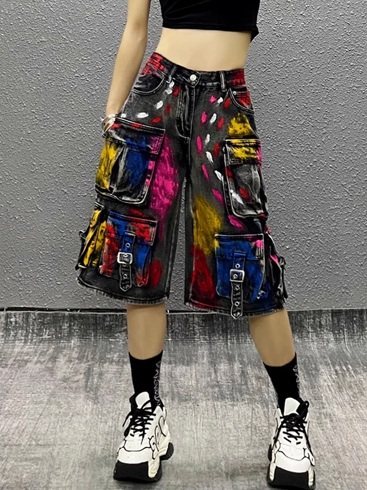 2025 신상 여름 여성 청바지 멀티 포켓 화려한 그래피티 페인팅 종아리 기장 카고 디자인 데님 팬츠