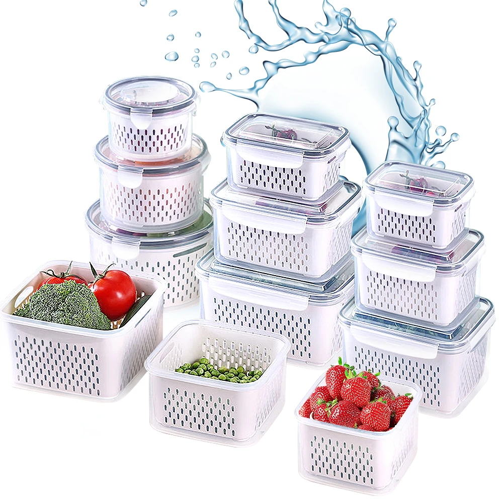 Caja de almacenamiento para refrigerador, contenedor de plástico para alimentos, verduras, frutas, cesta de drenaje, organizador de cocina, accesorios