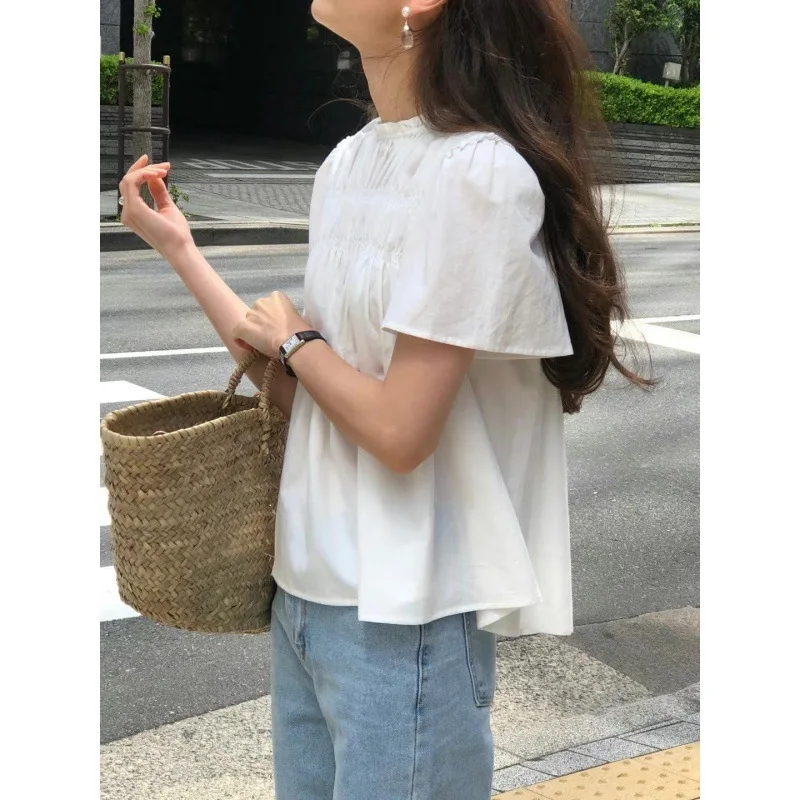 

Корейская летняя милая возрастная кружевная рубашка Dongdaemun с воротником-стойкой и рюшами, свободная рубашка, кукольная рубашка, топ