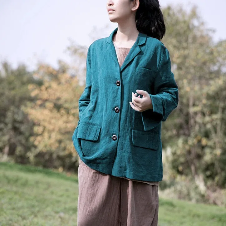 

Retro literary and artistic solid color linen lapel cotton and linen loose casual suit short jacket fashionable versatile simple