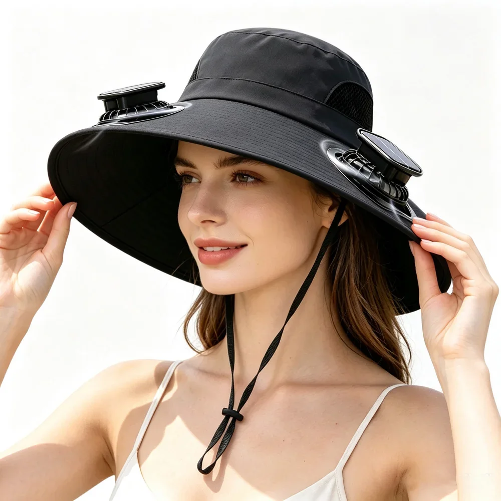 Solar Cooling Fan Bucket Hat Wide Brim Sun Hat Portable Solar Charged Hat for Fishing Hiking Camping Cycling Summer Outdoor