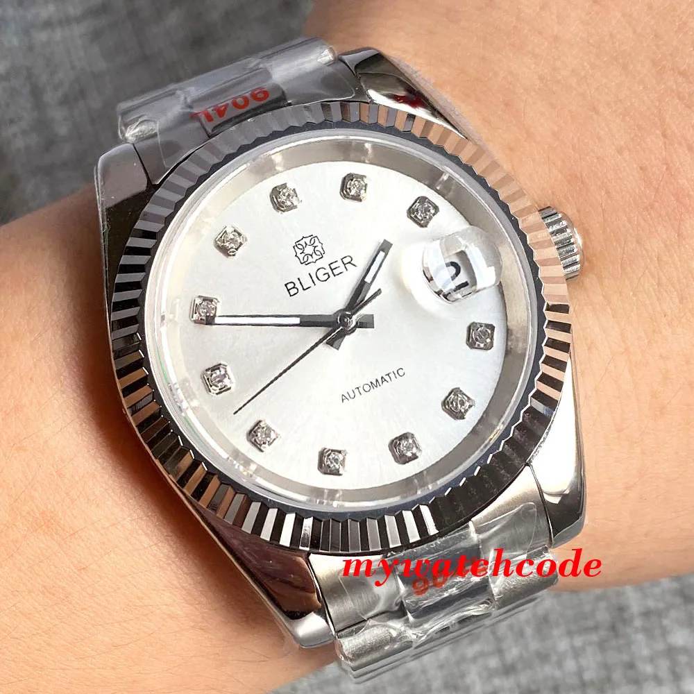 BLIGER-Reloj de pulsera automático para hombre, pulsera con bisel estriado Multicolor, esfera de diamante, cristal de zafiro, corona de tornillo de fecha, 36mm/39mm, NH35A