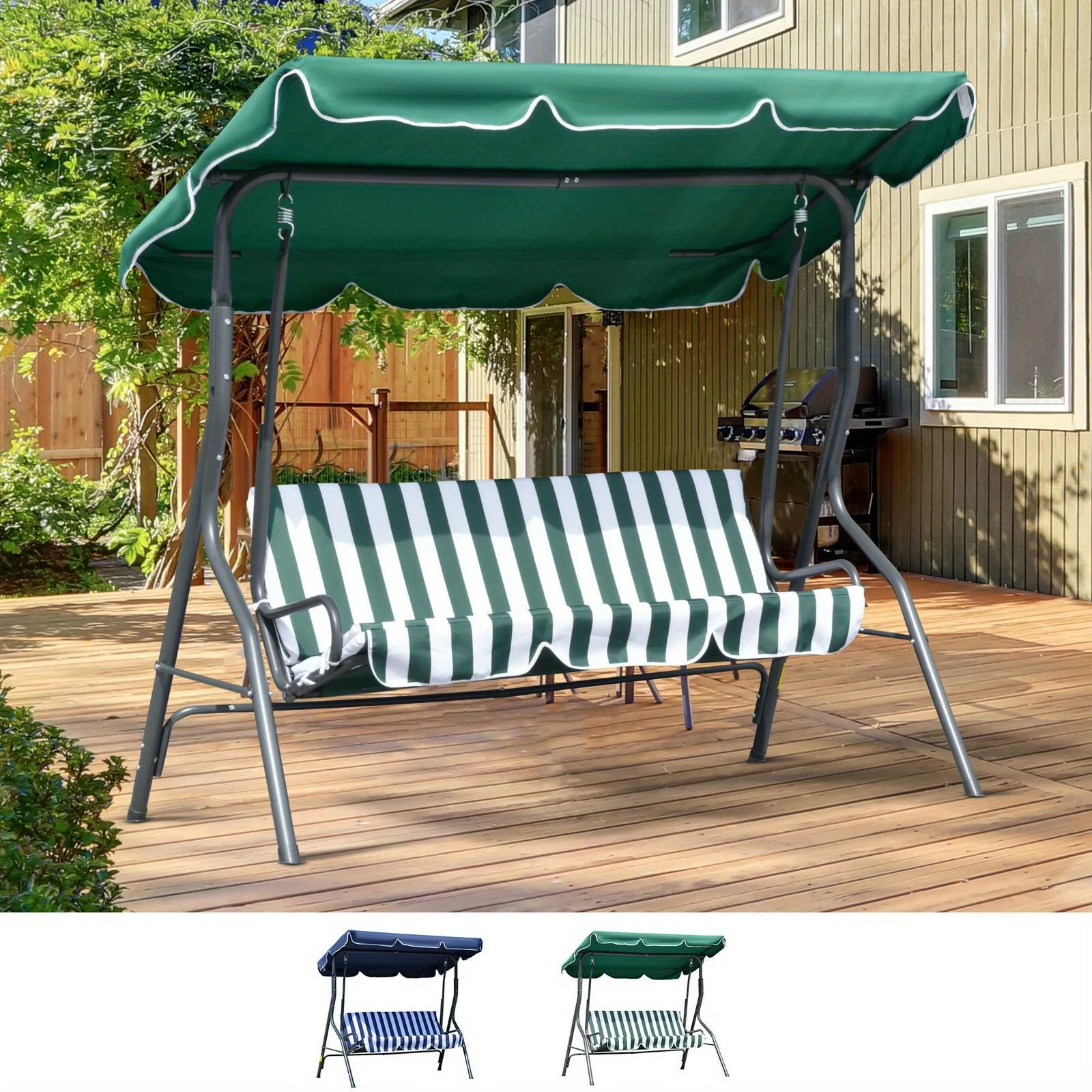 

3-Person Patio Swing Chair, Outdoor Canopy Swing w/ Adjustable Shade & Cushion