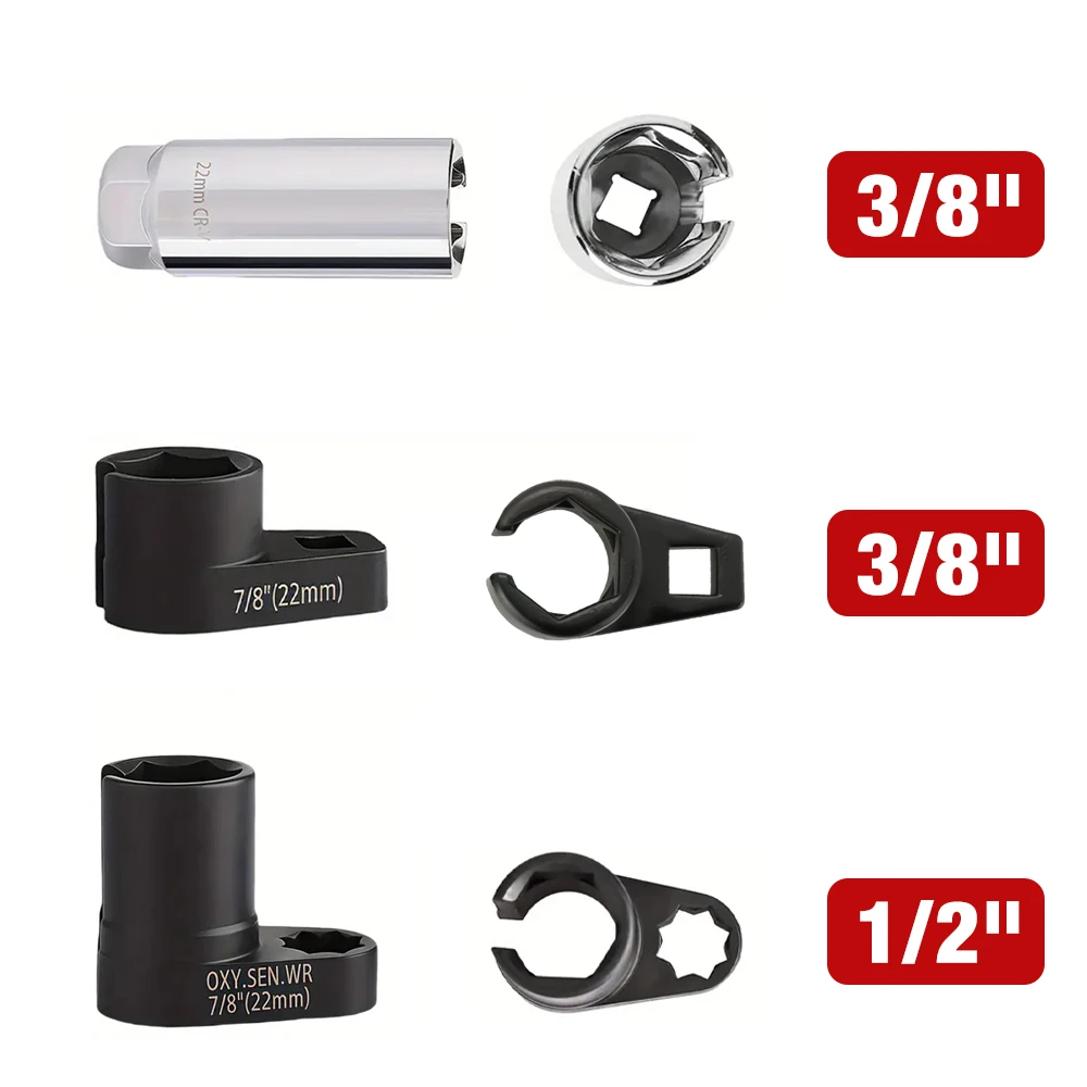 Conjunto de chave de soquete para sensor de oxigênio automotivo de 5 peças, 7/8 "(22mm), unidade de 1/2" e 3/8", ferramenta de acabamento de rosca de sensor de oxigênio