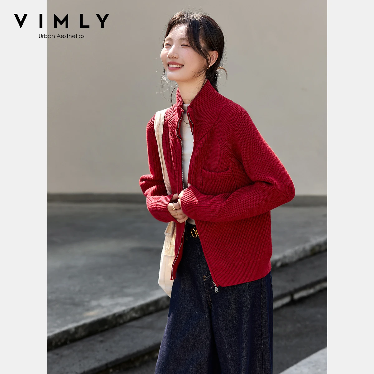 

VIMLY Women Knit Cardigan 2025 Winter Casual Turtleneck Zip-Up Ladies Sweaters Loose Fit Long Sleeve Pocket Female Tops 75099