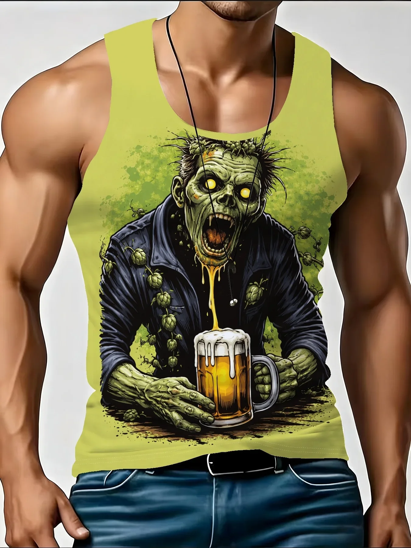 2026 New Men's Zombie Holding Beer Mug Print Sleeveless Vest Retro Cartoon Horror Streetwear Bar Party Casual Summer Sport Tops