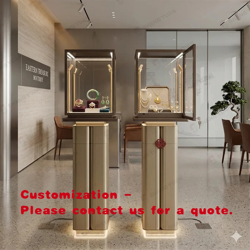 custom.Modern LED Luxury Gold Jewellery Showcase Display Custom Jewellery Pedestal Stand High-end Retail Store Fitting