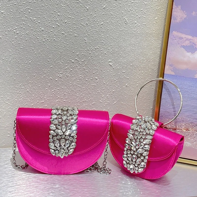 

French shiny silk diamond crescent moon banquet half moon rhinestone saddle bag metal chain messenger bag