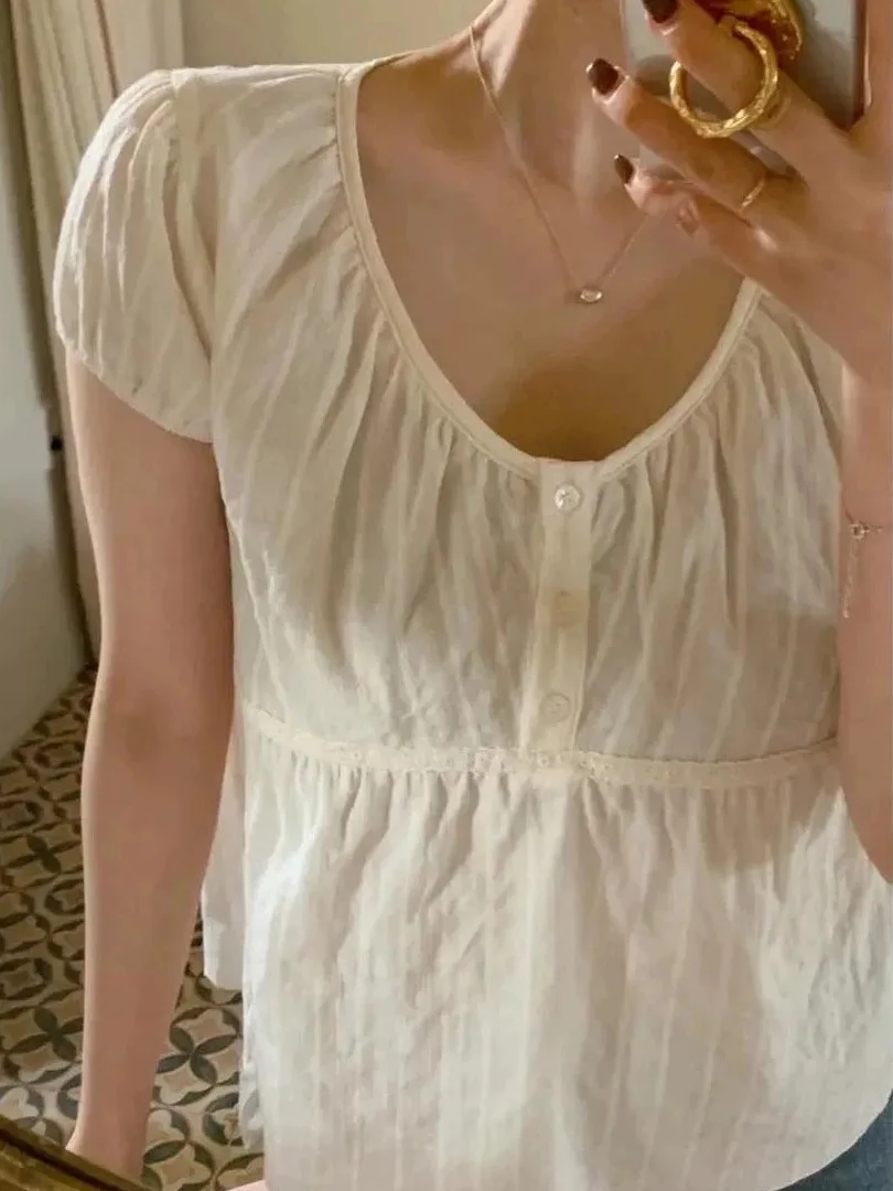 

Sweet Lace Short Sleeve V-Neck Loose Casual Style Women's Shirt Breathable Cotton Summer Fashion Comfortable Lazy Style Top