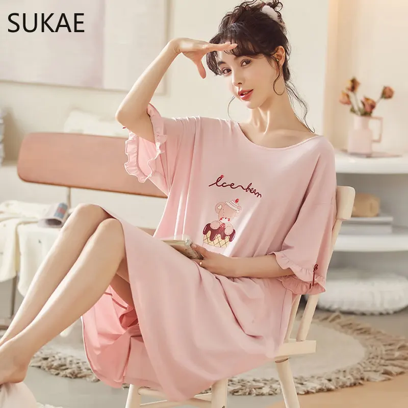 SUKAE M-5XL Cool Modal Summer Night Dress Women Plus Size Short Sleeves Sleepshirt Woman Sleepwear Unique Design Pajama Dressing