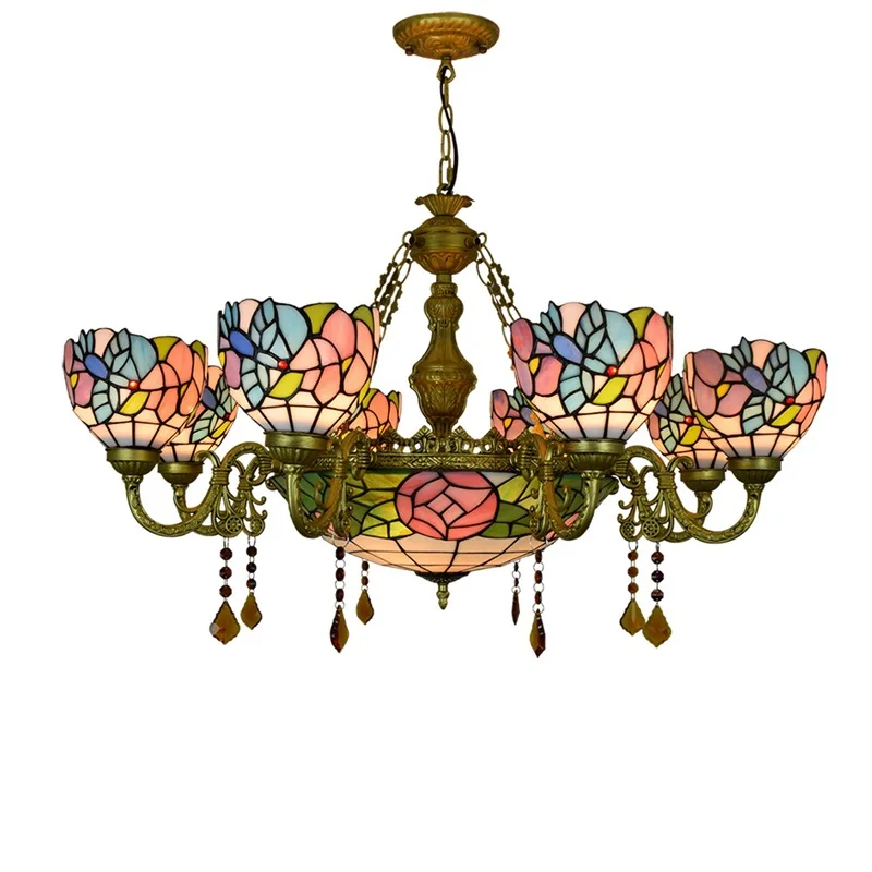 

Retro creative stained glass living room dining room multi-headed crystal chandelier, bar club bird lamp