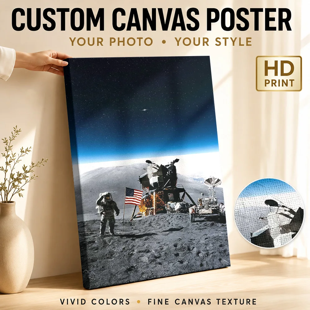 Apollo Moon Landing Astronauts Wood Framed Canvas Poster Customized Photo Historic Lunar Scene Wall Art For Study Astronomy Gift