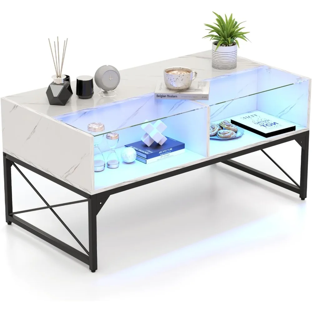 

LED Coffee Table, High Glossy Center Table with 4 Storage Cubes, Faux Marble & Tempered Glass Top, Adjustable Light