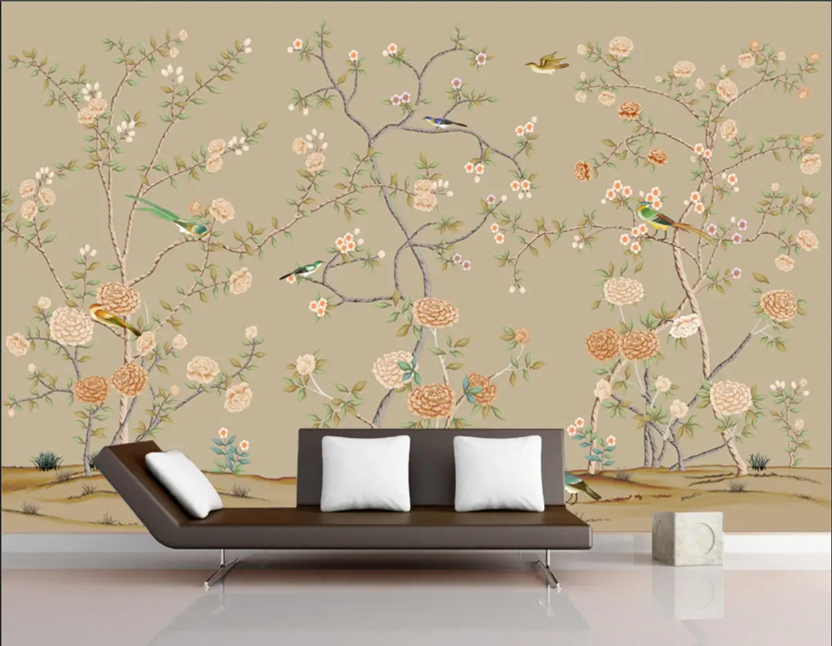 Customized wallpaper, Chinese hand drawn pen, flower, bird, peony, plum blossom mural, home decoration, flowers, branches mural