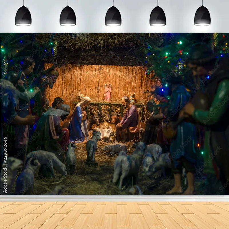 Manger Nativity Scene Background Mary Joseph Baby Jesus in a Rustic Sunset Shepherds Prayer Faith Photography Backdrops JU-02
