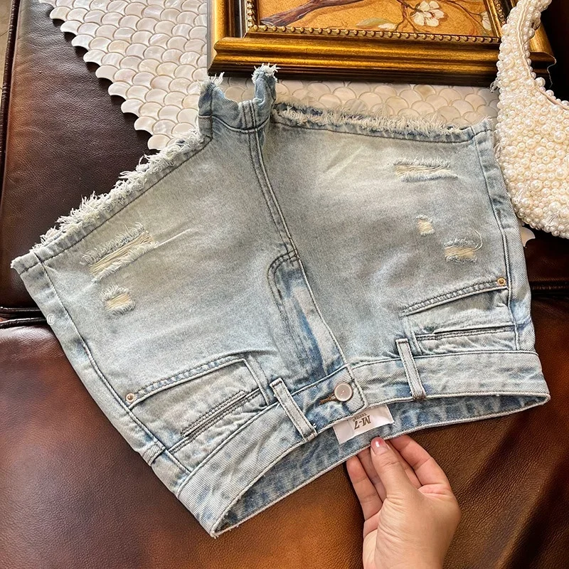 High Quality Light Blue High Waist Denim Shorts Women's Summer Casual Loose Slimming Frayed Versatile Hot Pants