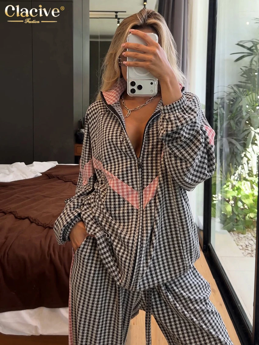 Clacive Fashion Loose Black Plaid Patchwork Two Pieces Outfits Woman Elegant Long Sleeve Blouse With High Waist Wide Pants Set