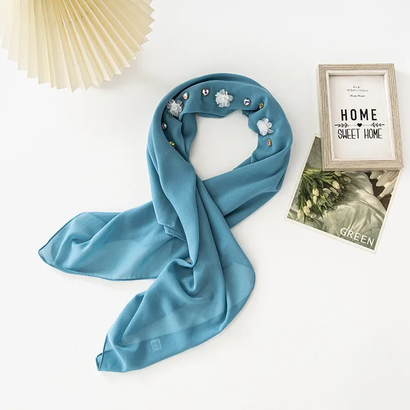 Nuova Perla Chiffon Tre Fiore di Resina Sciarpa Quadrata Donne Musulmane Hijab Turbante Scialle Avvolgere Foulard Bandane Fascia Fazzoletto 90 CM