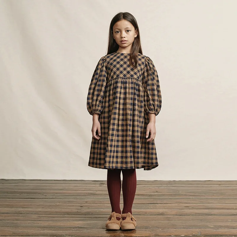 

Children Clothing Girls Dress 2024 Spring and Springtime New Girls Bubble Sleeves Cotton Plaid Ladies Long Sleeved A-line Dress