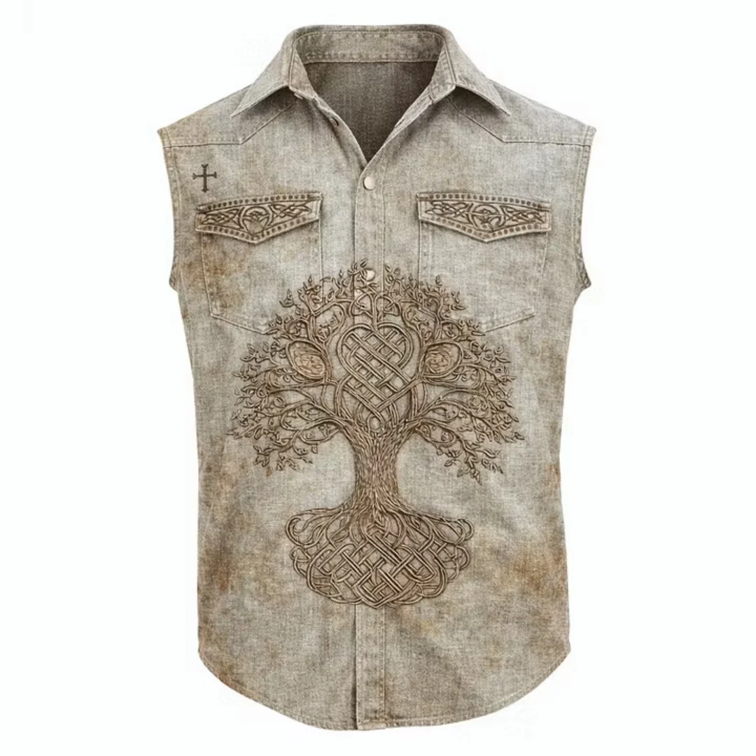 Men's Western-Style Faux Denim Vest — Vintage Distressed Sleeveless Work Shirt; Casual Button-Up Biker-Style Utility Vest