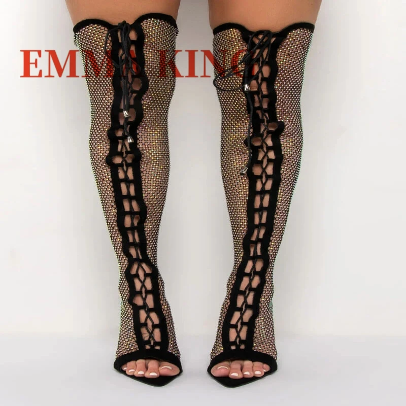 رقيقة صنادل عالية الكعب للأحذية النسائية شبكة الدانتيل يصل أحذية المصارع أنيق الوردي حجر الراين شبكة صيد السمك خنجر أحذية طويلة