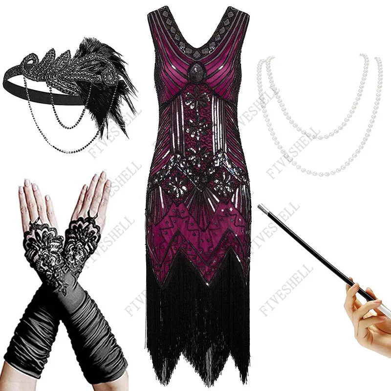 Women's Pluse Size 1920s Gatsby Sequin Beaded Fringed Flapper Dress with 20s Accessories Set 3 pc Headband / Shawl / Dress