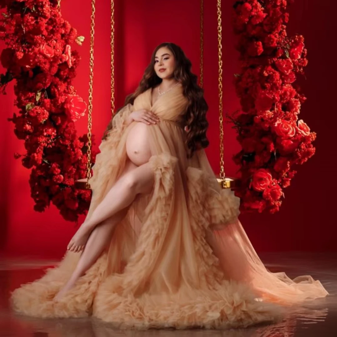 Champagne Prom Dresses Women Tulle GownRuffles Maternity Dress Long Robe Customized Pregnant  Boudoir Sleepwear Nightwear