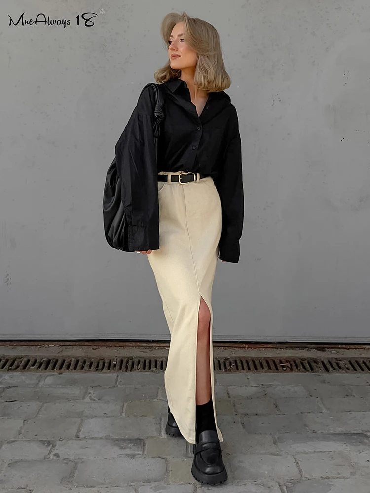 

Mnealways18 Elegant High Waist Long Split Skirts Street Chic Apricot Mid-Calf Skirts Female Office Cotton Skirts Casual Straight