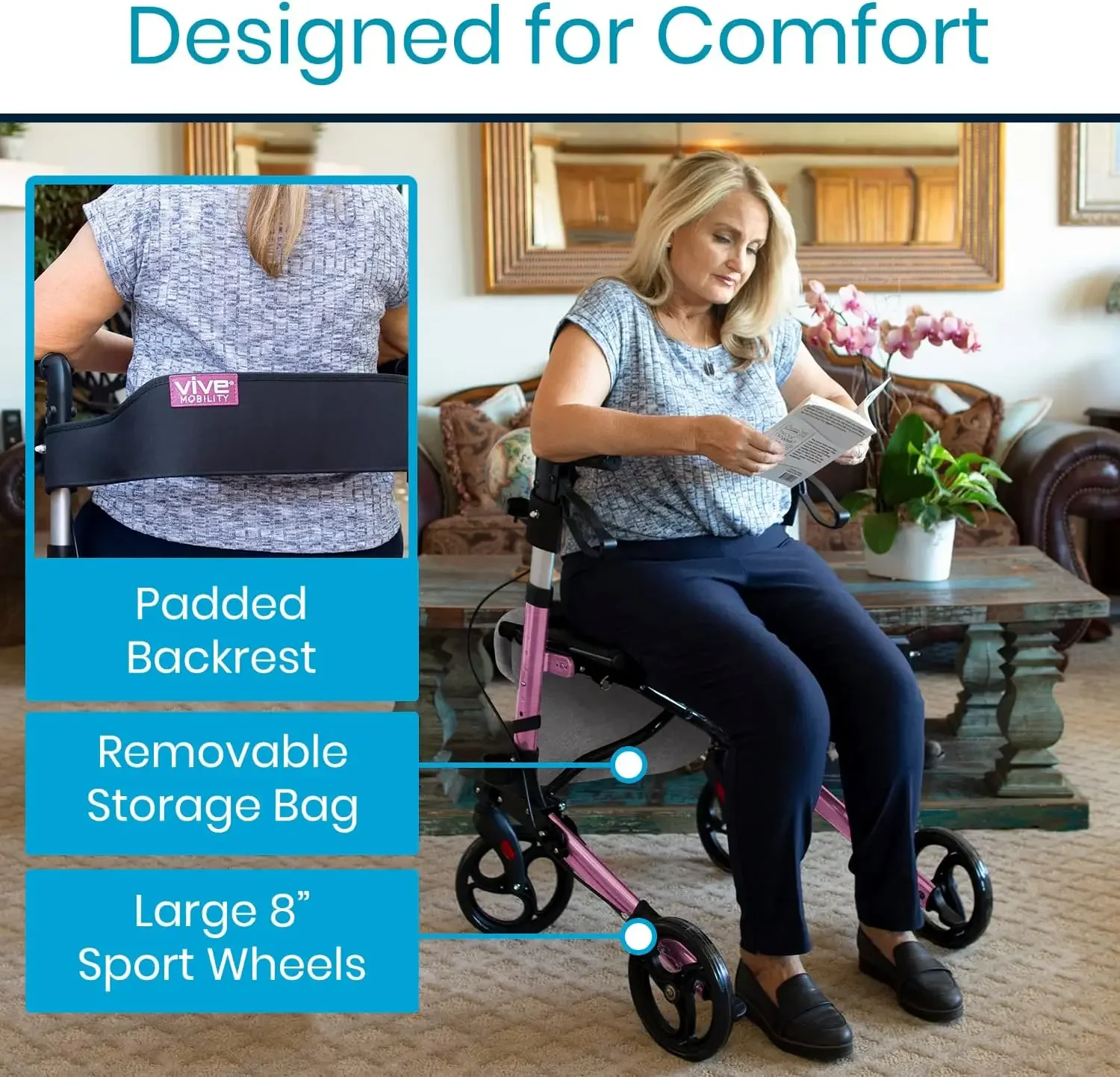 Folding 4 Wheel Medical Rolling Walker with Seat & Bag - Mobility Aid for Adult, Senior, Elderly