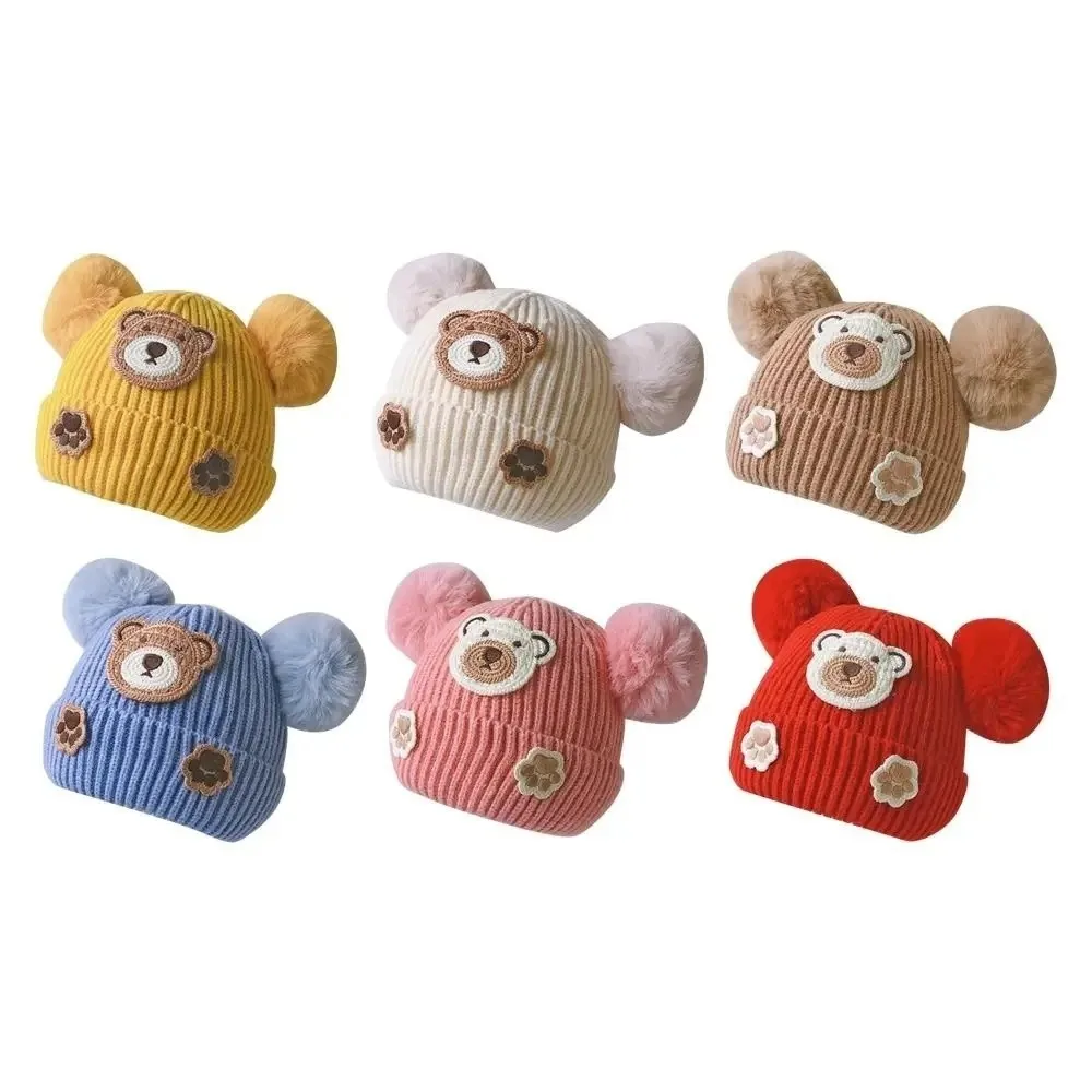 

Новая вязаная шапка с рисунком медведя, двойной шар, защита от холода, детские шапочки, зимняя шапка для маленьких девочек и мальчиков