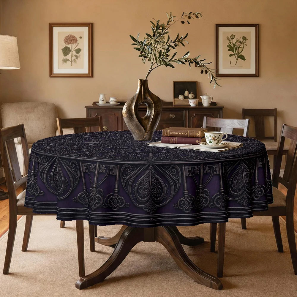 One tablecloth in Gothic style for Halloween theme, featuring exquisite keys and ornate patterned printed tableware