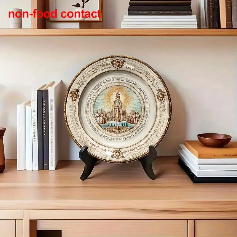 1pc Vintage Religious Ceramic Wall Decor Plate - 8-Inch Round Non-Food Contact Hanging Art with Ornate Golden Accents,