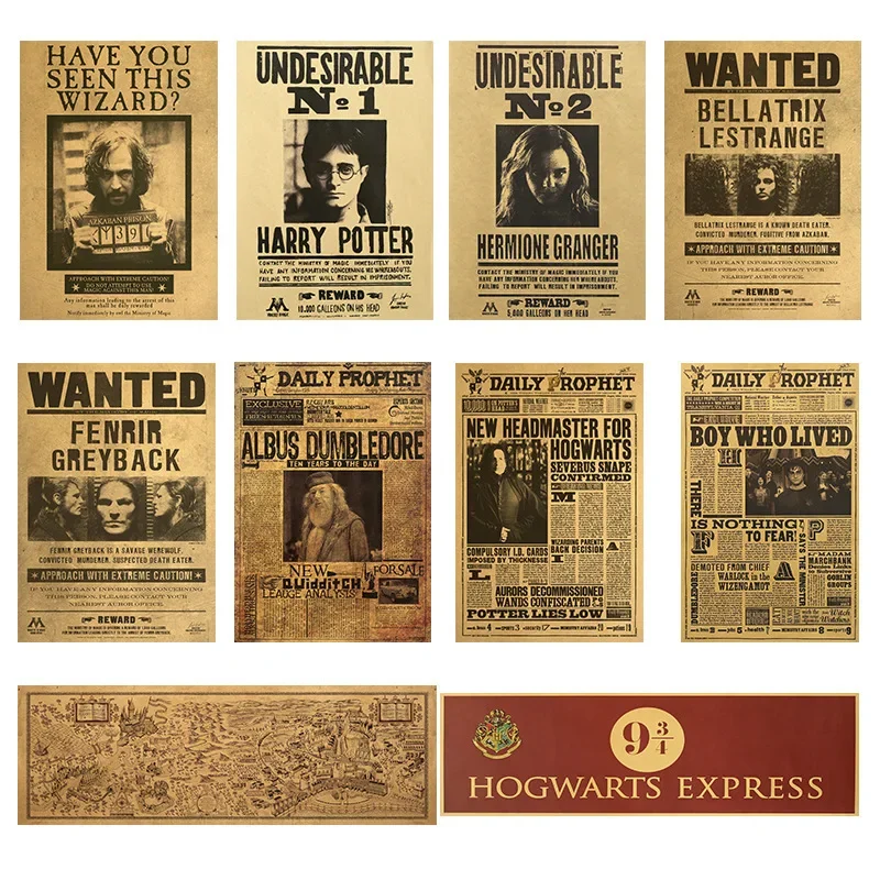 Harry Potter Old Newspaper Anime Poster Vintage Kraft Paper Wall Stickers Series Home Decor Painting Kids Toys Birthday Gifts