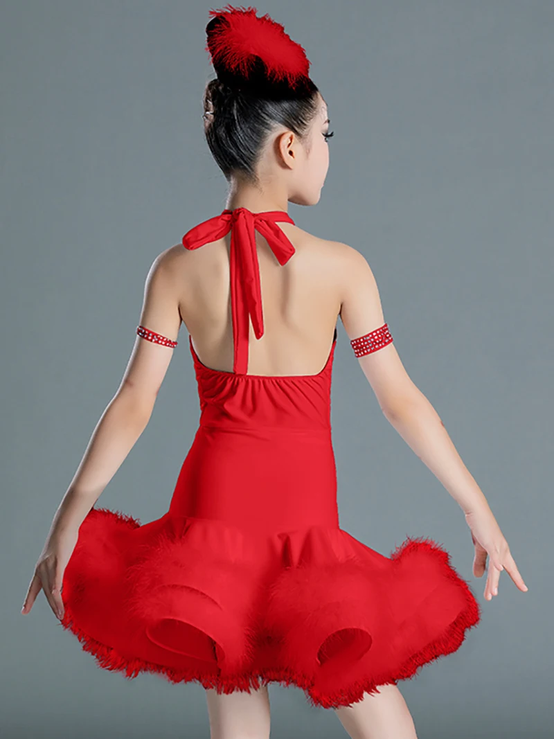 Strój do tańca latynoamerykańskiego dla dzieci, dziewczęcy kombinezon z halterem w kolorze białym i duże spódnice z piór, kostiumy profesjonalne do samby i rumby w stylu kowbojskim.