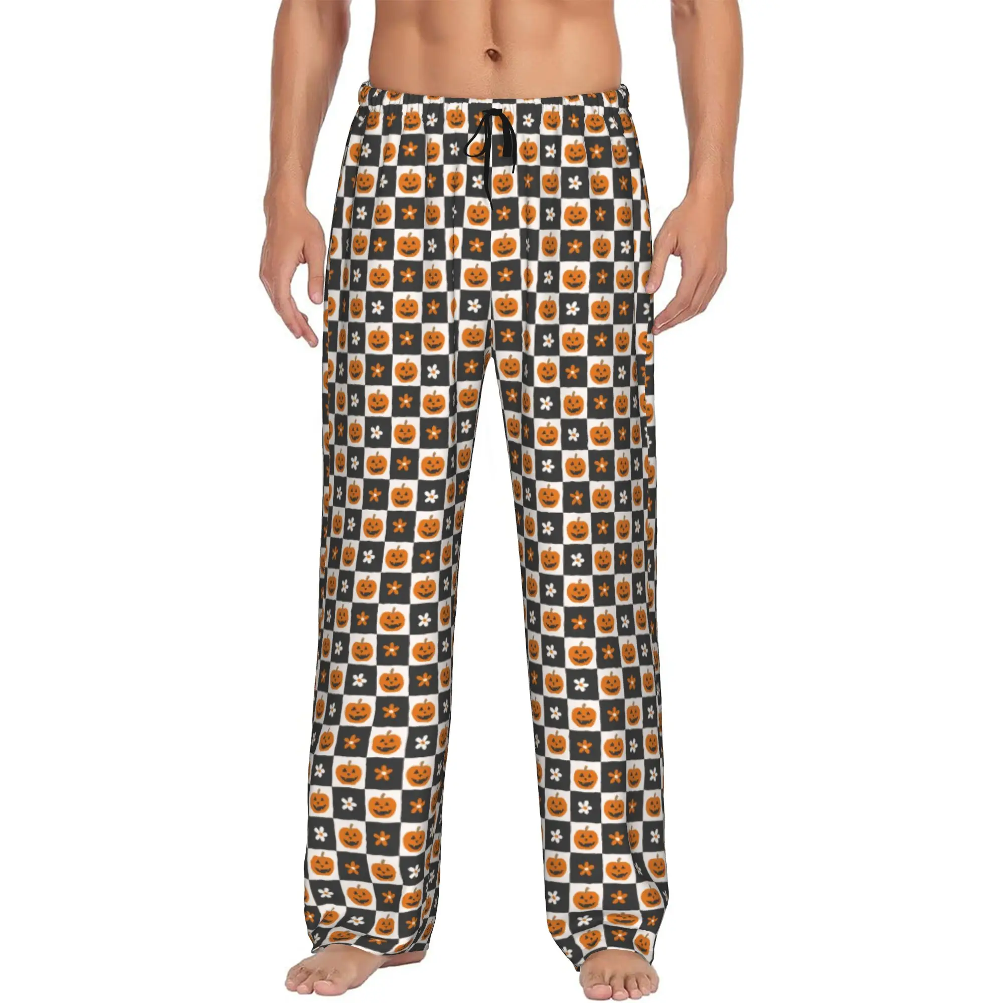 Custom Print Halloween Checkers Pattern Pumpkins Pajama Pants Men's  Sleep Sleepwear Bottoms with Pockets