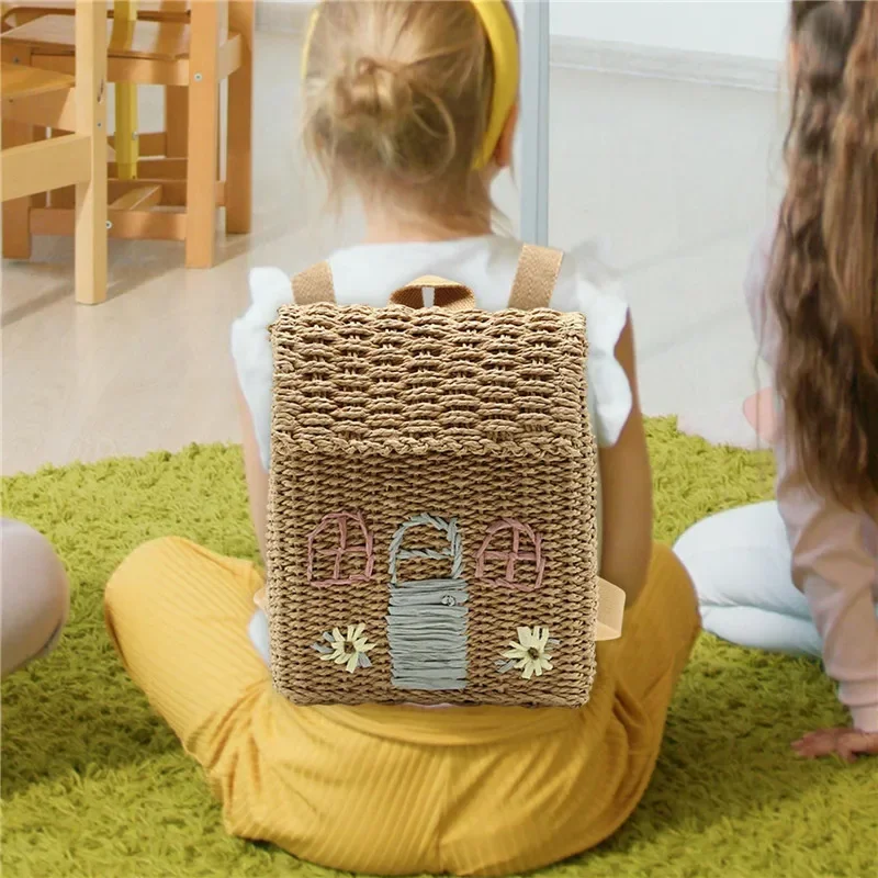 Double Shoulder Straw Woven Bag Children Backpack Straw Woven Bag Student School Bag Personality Hand Carrying Woven Backpack