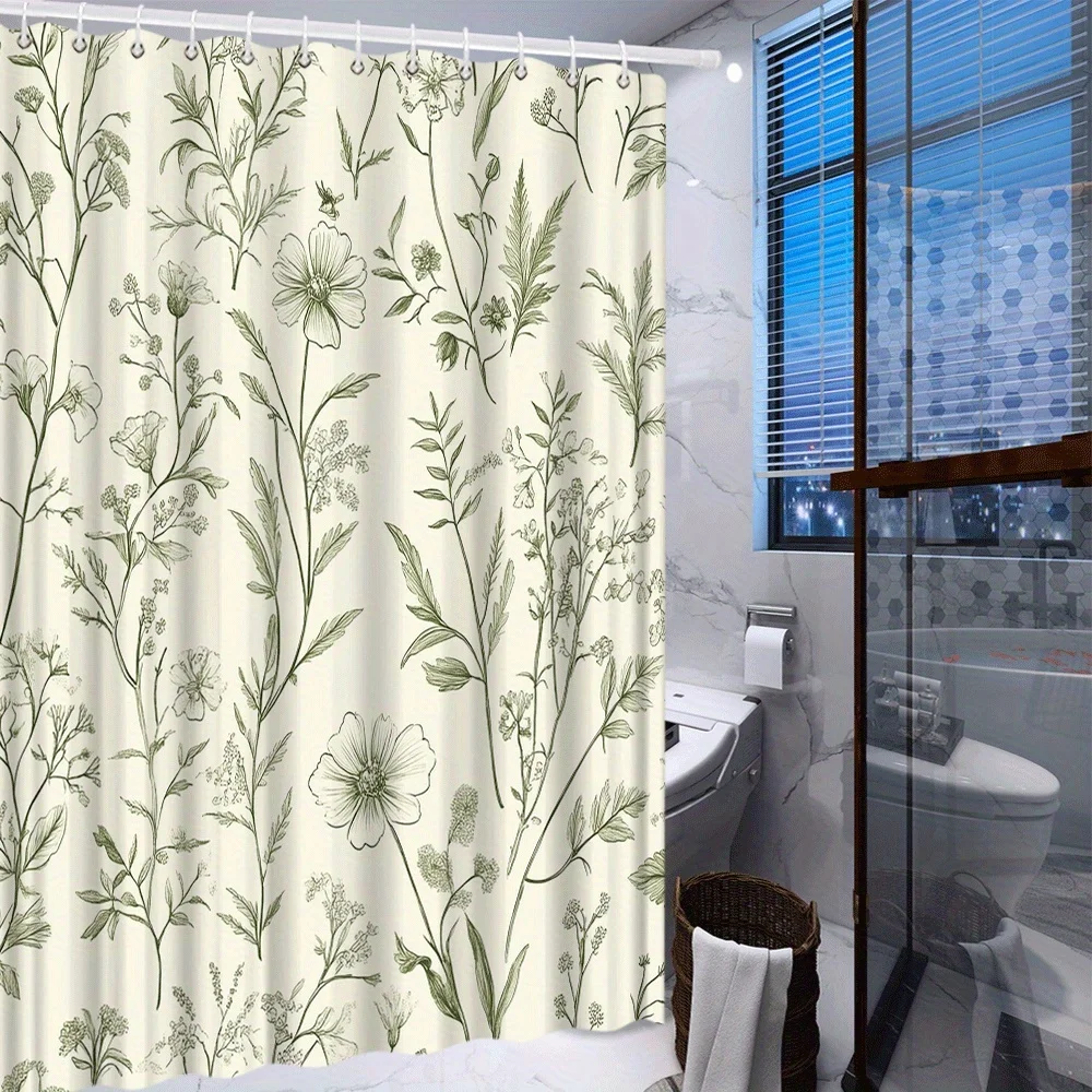 Vintage Botanical Shower Curtain – Soft Green & Cream Floral Sketch Print, 12 Hooks, Machine Washable, Spa-Like Bathroom Decor - view 4