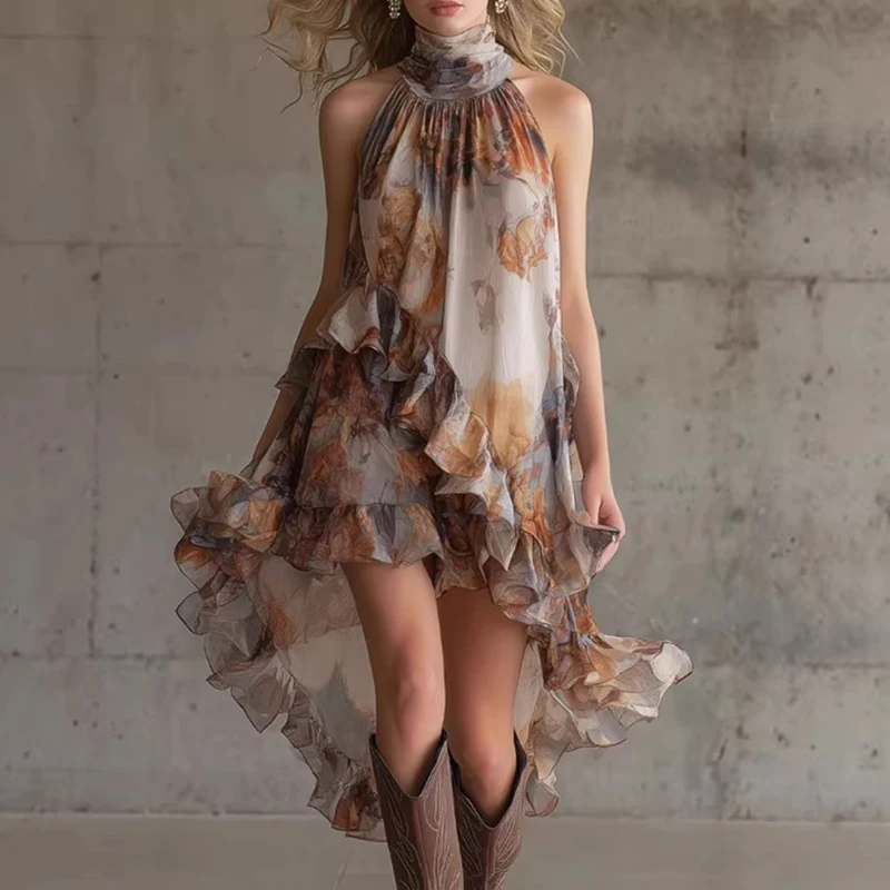 

Flower Print Off Shoulder Mini Dress for Women Sleeveless with Irregular Ruffle Hem Pleated Summer Party Beach Sundress