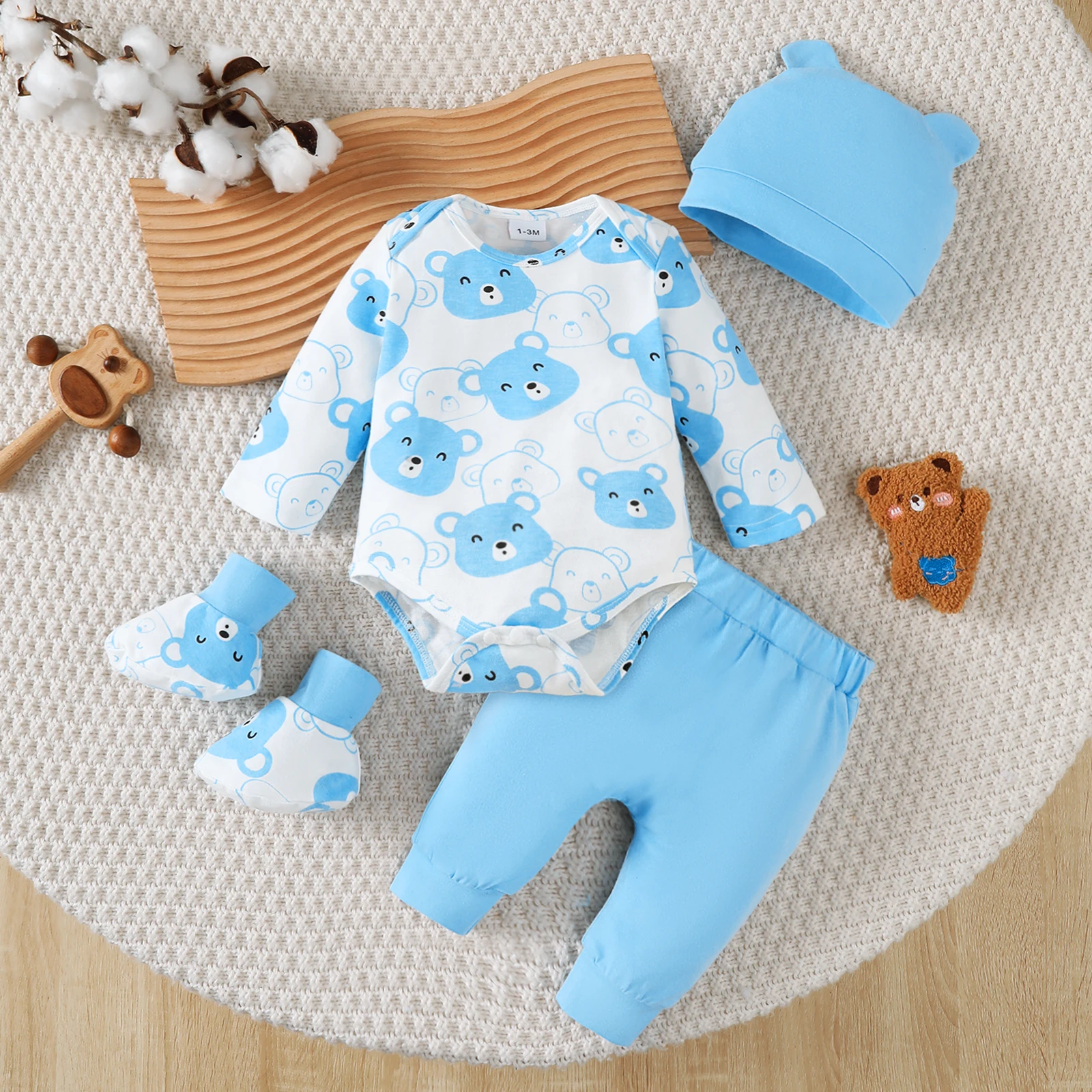 Newborn Baby Boy Set Little Bear Long Sleeved Jumpsuit+Long Pants+Hat+Socks 4Pcs/Set 0-9 Month Baby Boy Spring and Autumn Set