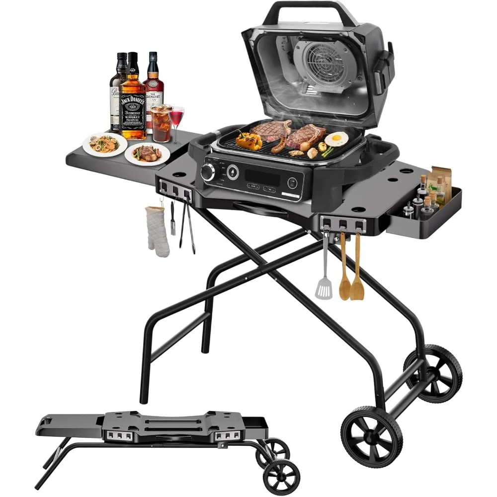 

Foldable Grill Cart for Outdoor Cooking Portable BBQ Stand with Wheels Side Table Storage Basket