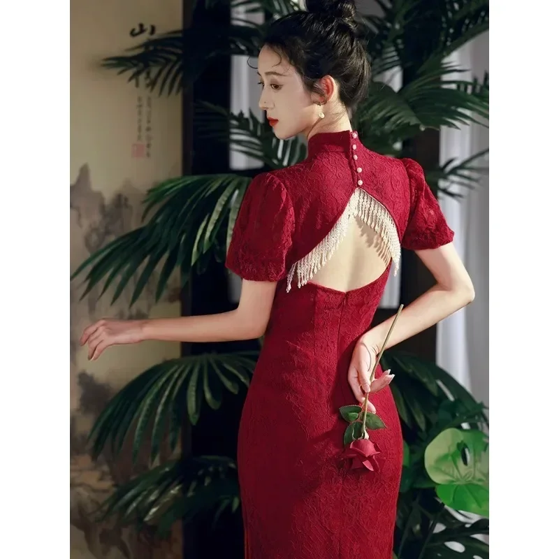 High Quality Elegant Backless Pearl Tassel Bridal Wedding Dress Women Chinese Traditional Cheongsam Toast Wear Engagement Dress