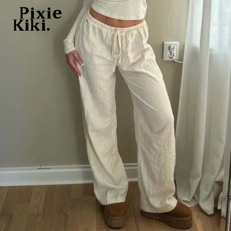 PixieKiki Cotton Linen White Pants Basic Drawstring Low Waist Wide Leg Pants Casual Clothes for Summer Trousers P84-BI15