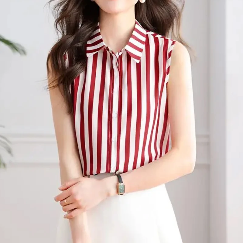 Sleeveless Striped Elegant Shirt Tops Women Clothing Thin Polo Neck All-match Loose Vintage Blouse Fashion Casual Summer Office