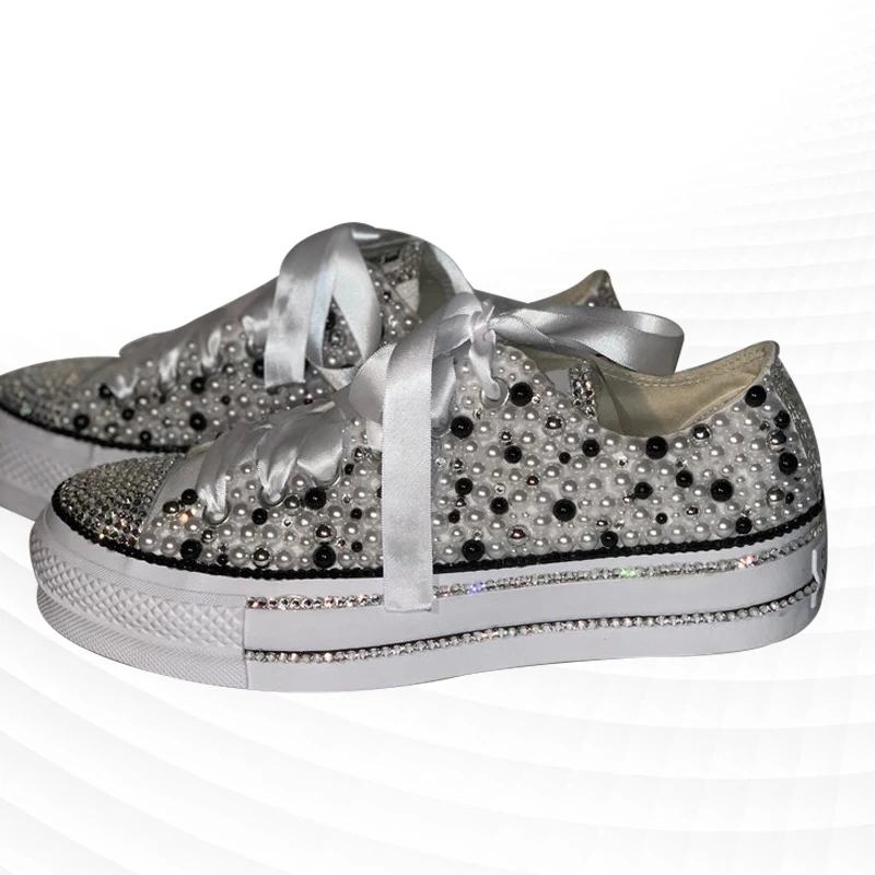 Silver Low Ribbon Canvas Shoes Sports Comfortable Walking Shoes Handmade Rhinestone Ribbon Pearl Vulcanized Shoes 35-46