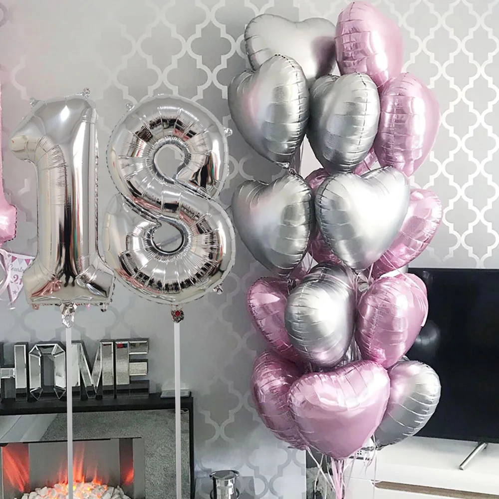 16/17Pcs Silver Pink Number Foil Heart Love Balloon Adult Girls Birthday Party Decorations 1 18 21 30  Years Old Party Supplies