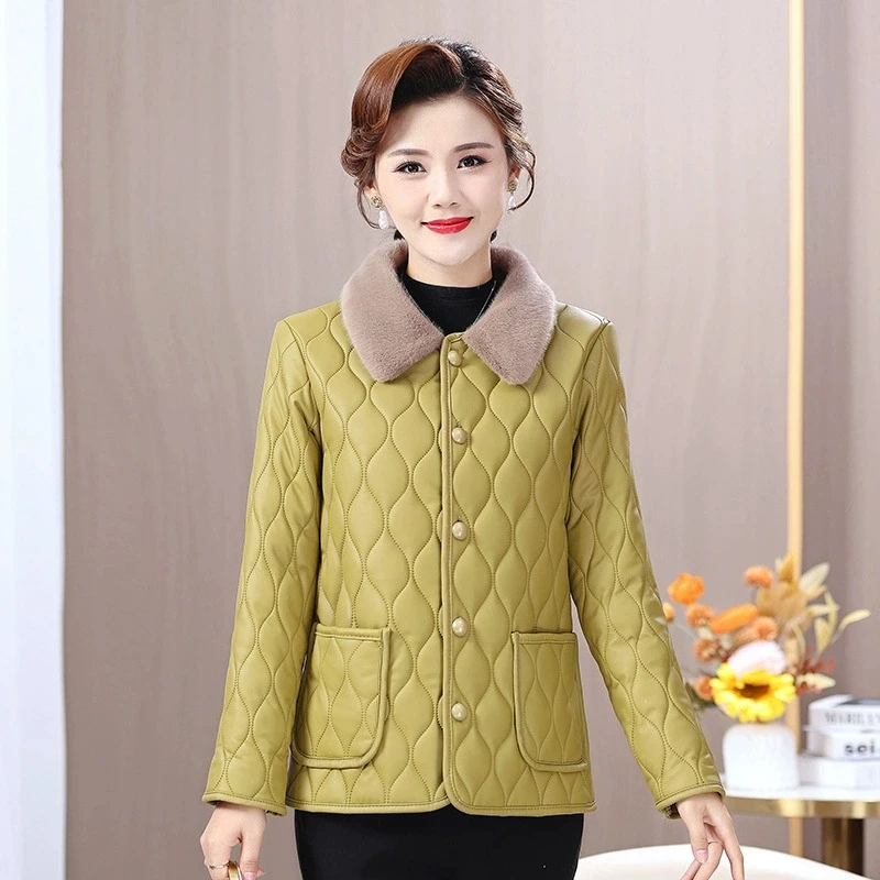 Madri di mezza età con giacca imbottita in cotone caldo velluto Cappotto da donna in similpelle alla moda Giacca invernale in cotone felpato